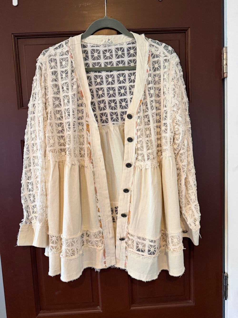 POL Cream Crochet Panel Button-Front Top with Black Buttons